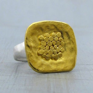 Artisan 24k solid gold and silver granulated signet ring