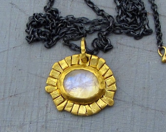 24 Karat Gold and Moonstone Pendant Necklace, Solid 24k Gold Artisan Jewelry