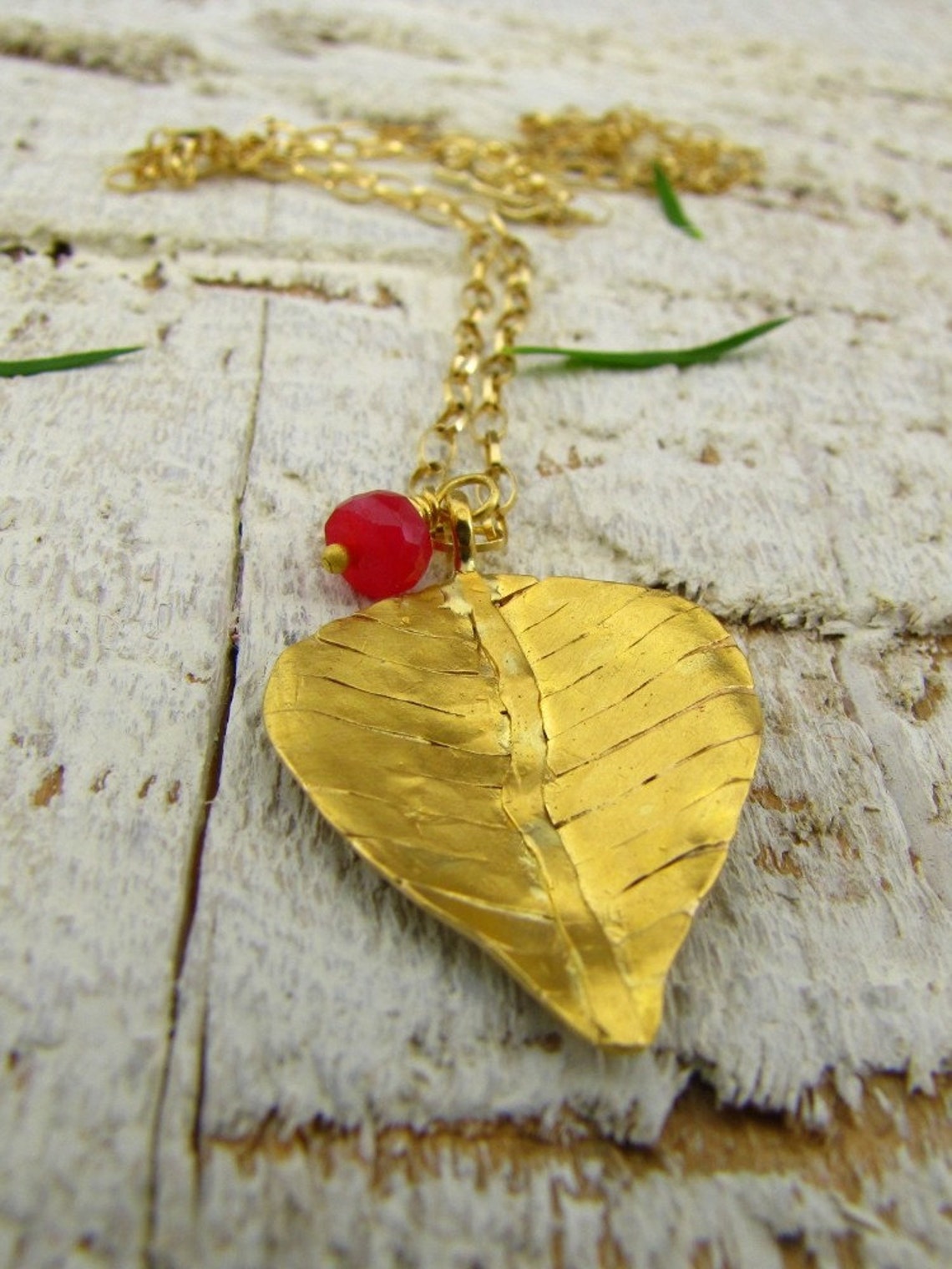 22k Solid Gold Pendant with Red Ruby Bead Gold Leaf Etsy
