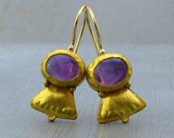 Amethyst 24 Karat Gold Earrings, Solid 24K Gold Danglae Earrings