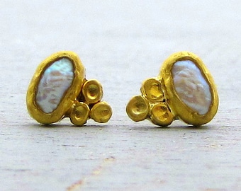 24k Gold Studs / Pearl Post Earrings
