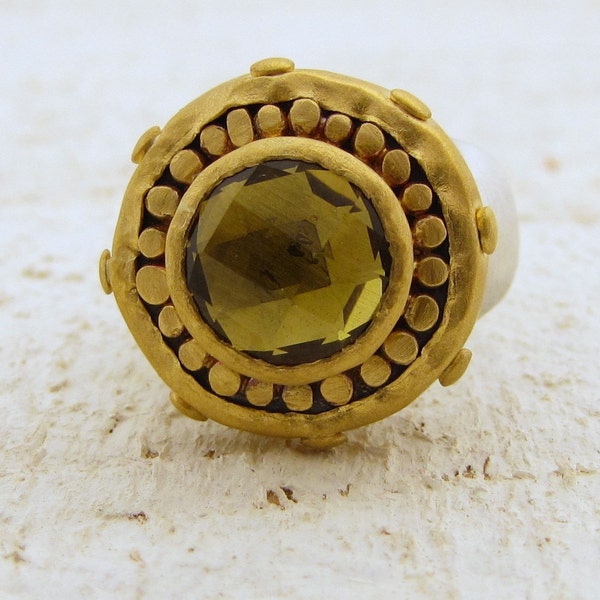 Olive Quarts Ring , 24k Solid Gold Ring with Olive Quarts , Cocktail Ring , Gemstone Ring