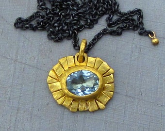 24 Karat Gold and Blue Topaz Pendant Necklace, Solid 24k Gold Artisan Jewelry