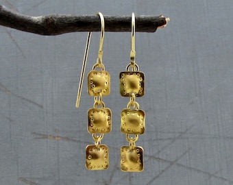 22k Gold Earrings / Squares Dangle Earrings / Handmade Solid Gold Earrings