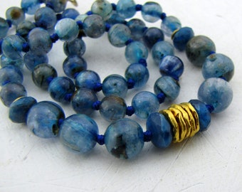 Blue Kyanite and 24k gold necklace / Fine gold beaded necklace