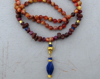 24k Gold Lapis Lazuli Ruby and Tiger Eye Necklace - Handmade Solid Gold Tassel Necklace