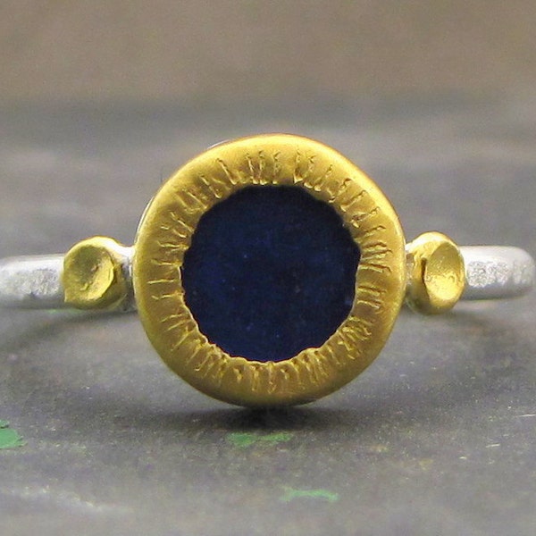 Fine Gold Lapis Lazuli Ring - 24k Gold and Silver Ring - Lapis Lazuli Solitaire Ring