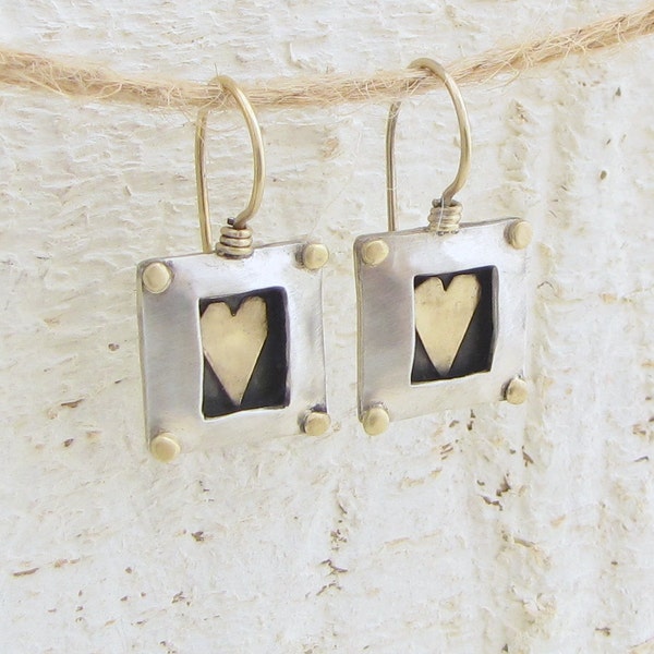 Square Silver Earrings with Gold Heart