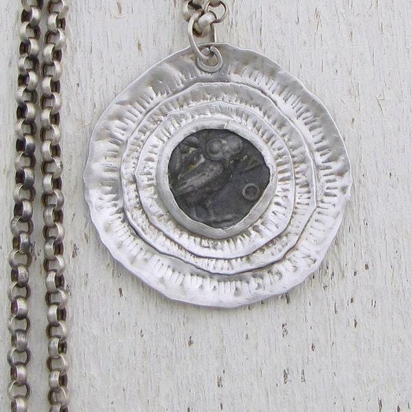 Silver Coin Necklace, Round Handmade Silver Ethnic  Pendant, Silver Pendant Necklace, Made in Iarael