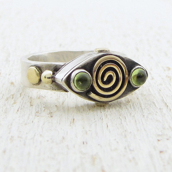 Silver and Gold Ring - Gold Spiral Ring - Peridot  Ring - 'Eye' Shaped silver Ring - OOAK Ring