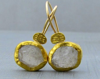 Dangle 24k Gold Earrings / Raw White Topaz Gold Earrings