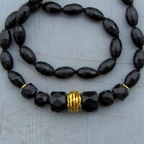 Onyx beads necklace, 24k gold necklace