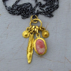Thulite 24k Gold Charms Necklace / Solid Gold & Silver Pendants Necklace