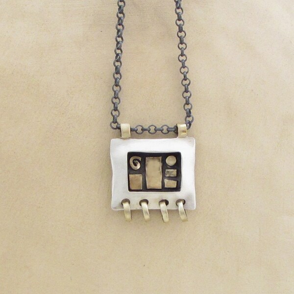 Silver and Gold Pendant -  Rectangle 14k Gold & Silver Necklace - Geometric Pendant