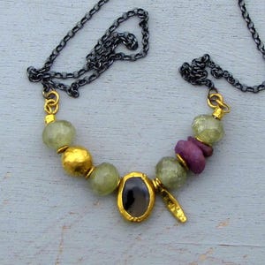 24k Solid Gold and Gemstone Beads Necklace -  Handmade Gold and Silver Artisan Necklace