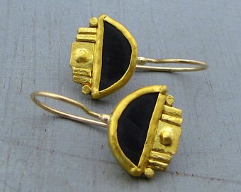 Matte Onyx 24k Gold Earrings, Solid Gold Dangle Earrings