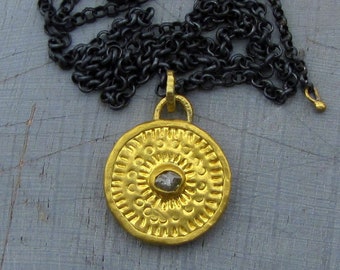 Rough Gray Diamond Gold Pendant / Solid 24k Gold Pendant Necklace