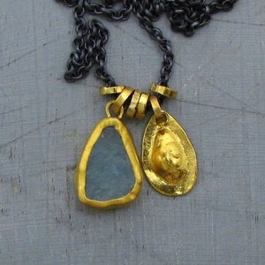 24k Gold Charms Necklace / Rough Aquamarine Solid gold & Silver Necklace
