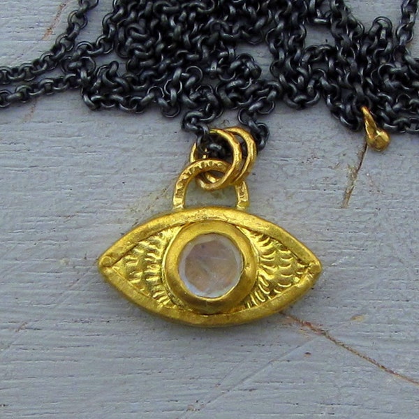 Moonstone Evil Eye Gold Pendant /  24k Gold Pendant Necklace