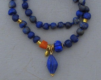 Matte Lapis Lazuli and Coral beads necklace, One of a kind solid 24k gold necklace
