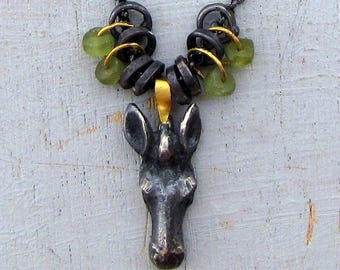 Peridot and 22 Karat Gold Silver Necklace / Artisan Silver Zebra Jewelry / Chunky One of a Kind Necklace