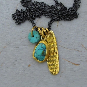 Turquoise 24k Gold Necklace - Solid 24 Karat Gold Silver Charms Necklace