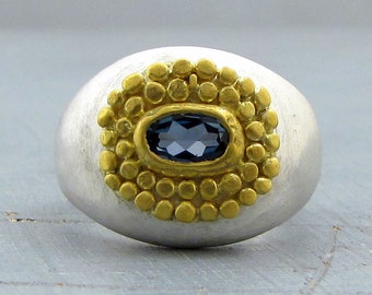 Wide Dome Blue Topaz 24k Gold & Silver Ring