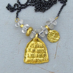 24k Gold and Clear Quartz Pendant Necklace - Solid Gold and Silver Artisan Necklace - Handmade Rustic Gold Jewelry