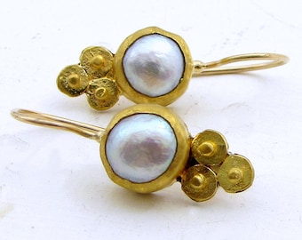 Beige Pearl Gold Earrings , 24K Solid Gold Earrings , Handmade Gold Earrings