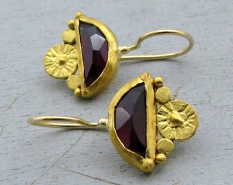 Garnet Dangle Earrings , 24K Gold Earrings , Solid Gold Earrings