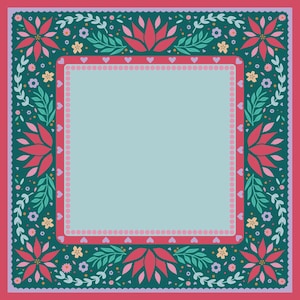 May include: A square frame featuring a light blue center bordered by a pink band with small heart shapes and dots. The outer dark green border is decorated with pink lotus-like flowers, light green leafy vines, and small yellow and purple blossoms.