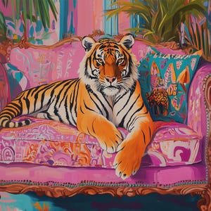 May include: A vibrant painting of a tiger with orange and black stripes resting on a pink ornate sofa. The sofa features a patterned fabric and a teal decorative pillow with colorful abstract designs. Lush green foliage is visible in the background.