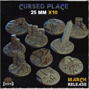 May include: Nine miniature terrain bases, each around 2.5 cm in diameter, with a stone-like texture. The bases depict ruins and natural features. The text "CURSED PLACE" and "MARCH RELEASE" are visible. Ideal for tabletop gaming.
