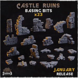 May include: A selection of 23 grey castle ruin basing bits. The image shows miniature stone structures, including walls, arches, and staircases. Text at the top reads "CASTLE RUINS BASING BITS x23". The bottom right corner says "JANUARY RELEASE".