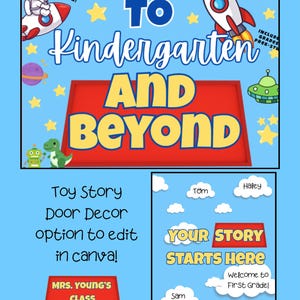 Op de afbeelding: Een digitale set voor klasdeurdecoratie met een lichtblauwe achtergrond en ruimte-thema afbeeldingen zoals raketten, planeten en sterren. De tekst luidt TO KINDERGARTEN AND BEYOND, YOUR STORY STARTS HERE en WELCOME TO FIRST GRADE.