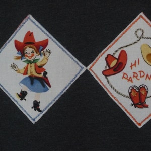 May include: Two diamond-shaped fabric patches with a white background and red, orange, and blue accents. One patch features a cartoon girl wearing a red cowboy hat and blue skirt. The other patch features a cowboy hat, boots, and the text "Hi Pardner".