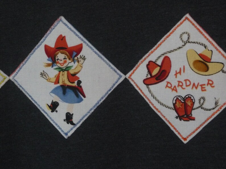 May include: Two diamond-shaped fabric patches with a white background and red, orange, and blue accents. One patch features a cartoon girl wearing a red cowboy hat and blue skirt. The other patch features a cowboy hat, boots, and the text "Hi Pardner".