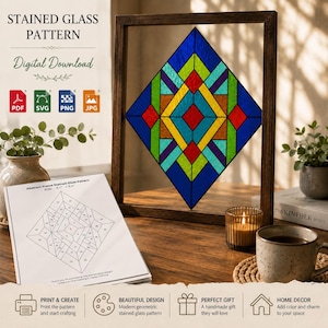 May include: A digital download stained glass pattern featuring a geometric diamond design in blue, green, red, yellow, and orange. The set includes PDF, SVG, PNG, and JPG files, along with a printed template showing numbered segments for assembly.