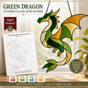 May include: A digital download for a green dragon stained-glass suncatcher pattern. The image displays a finished suncatcher with green and yellow glass segments, a numbered line art template, and icons for PDF, JPG, PNG, and SVG file formats.