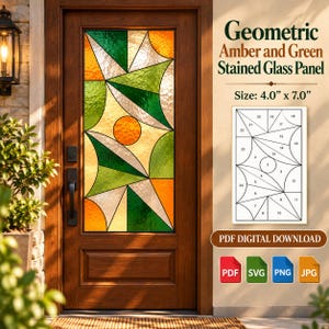 Może przedstawiać: Geometryczny panel z witrażu z bursztynowymi i zielonymi segmentami szkła w drewnianych drzwiach. Tekst głosi Geometric Amber and Green Stained Glass Panel, Size: 10,16 cm x 17,78 cm, oraz PDF DIGITAL DOWNLOAD. Zawiera ponumerowany wzór.