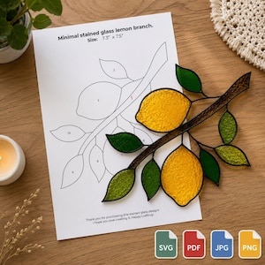 Motivo a vetrata con ramo di limone, botanico, fai da te, download digitale, agrumi, decorazione murale per cucina, decorazione per la casa, artigianato fatto a mano, regalo per principianti, design