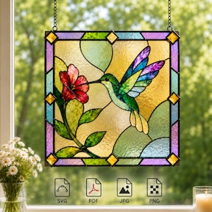 Kolibriblomma, målat glasmönster, DIY-hantverksmall, digital nedladdning, fönsterkonst, heminredning, natur, fågel, gåva, handgjord glasdesign