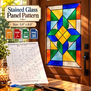 Op de afbeelding: Een digitaal patroon voor een glas-in-loodpaneel van 12,7 cm bij 20,3 cm met een symmetrisch geometrisch ontwerp. De set bevat SVG-, PDF-, JPG- en PNG-bestanden, samen met een geprinte sjabloon met genummerde glasstukken voor montage.