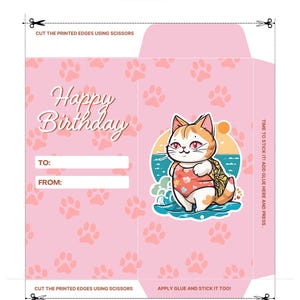 Sobre imprimible para dinero de cumpleaños con forma de gato: descarga instantánea / Porta tarjetas de regalo con forma de gato de la suerte / Funda para efectivo de cumpleaños lista para recortar