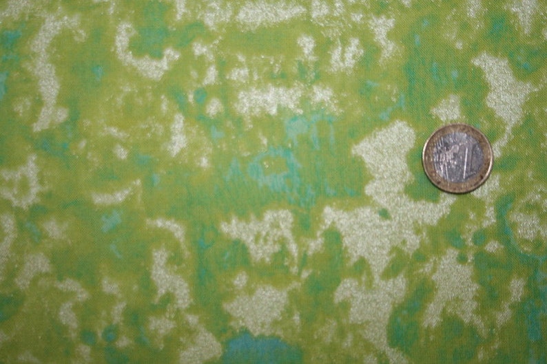 May include: A close-up of a green fabric with a white and blue marbled pattern. A silver coin is lying on the fabric.