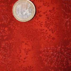 Op de afbeelding: Een close-up van een rode stof met een wit bloemenpatroon. Een euro munt is op de stof gelegd voor schaal.