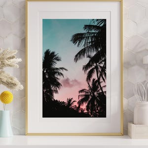 Tropical Sunset Palm Tree Print: Pink & Blue Coastal Wall Art