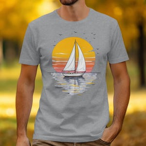Sunset Sailboat T-Shirt, Ocean Sailing Tee, Retro Boat Graphic Shirt, Summer Vacation Apparel, Nautical Gift for Sailor, Beach Lover Shirt