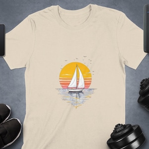 Sailboat Sunset Art T-Shirt, Vintage Sailboat T-Shirt, Retro Sailboat Tee, Ocean Lover Gift, Nautical Sailing Shirt for Men Women