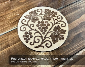 Diseño de posavasos para taza de viñedo / Té, cerveza, vino / Archivos SVG DXF LBRN2 CNC